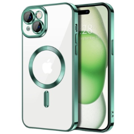 Husa iPhone 15 Transparenta Cu Margini Colorate Magsafe, Protectie Camera Lucios, Verde