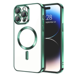 Husa iPhone 14 Pro Transparenta Cu Margini Colorate Magsafe, Protectie Camera, Verde Lucios