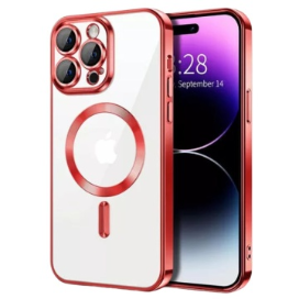 Husa iPhone 14 Pro Max Transparenta Cu Margini Colorate Magsafe, Protectie Camera, Rosu Lucios