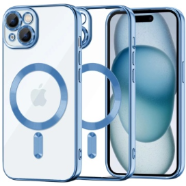 Husa iPhone 15 Transparenta Cu Margini Colorate Magsafe, Protectie Camera, Albastru Lucios