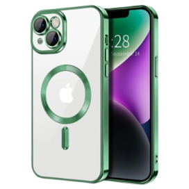 Husa iPhone 14 Transparenta Cu Margini Colorate Magsafe, Protectie Camera, Verde Lucios