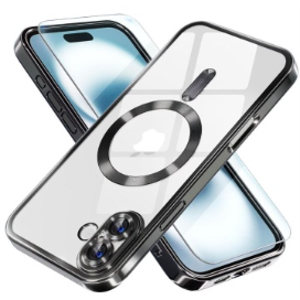 Husa iPhone 16 Plus Transparenta Cu Margini Colorate Magsafe, Protectie Camera, Negru