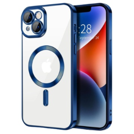 Husa iPhone 14 Plus Transparenta Cu Margini Colorate Magsafe, Protectie Camera, Albastru