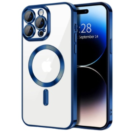 Husa iPhone 14 Pro Max Transparenta Cu Margini Colorate Magsafe, Protectie Camera, Albastru
