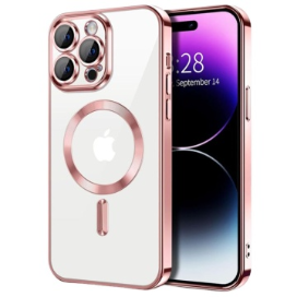 Husa iPhone 14 Pro Max Transparenta Cu Margini Colorate Magsafe, Protectie Camera, Roz