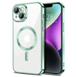 Husa iPhone 14 Transparenta Cu Margini Colorate Magsafe, Protectie Camera, Verde Matt