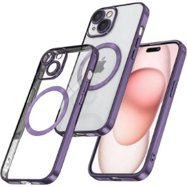 Husa iPhone 15 Transparenta Cu Margini Colorate Magsafe, Protectie Camera, Mov