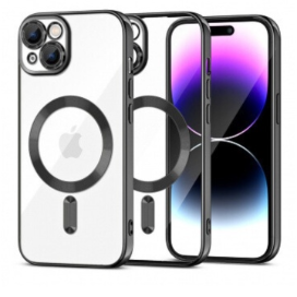 Husa iPhone 14 Transparenta Cu Margini Colorate Magsafe, Protectie Camera, Negru Matt