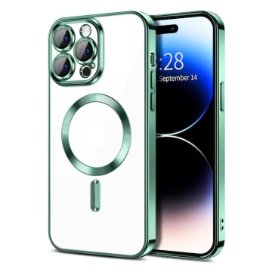 Husa iPhone 15 Pro Transparenta Cu Margini Colorate Magsafe, Protectie Camera, Verde Deschis