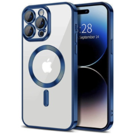 Husa iPhone 14 Pro Transparenta Cu Margini Colorate Magsafe, Protectie Camera, Albastru
