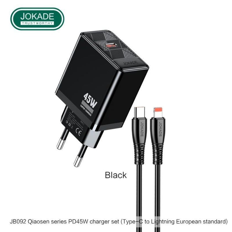 Incarcator de Priza Jokade JB092 45W + Cablu Type-C–Lightning, Negru