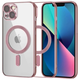 Husa iPhone 14 Plus Transparenta Cu Margini Colorate Magsafe, Protectie Camera, Roz