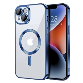 Husa iPhone 14 Transparenta Cu Margini Colorate Magsafe, Protectie Camera, Albastru Matt