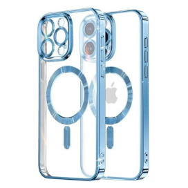 Husa iPhone 14 Pro Transparenta Cu Margini Colorate Magsafe, Protectie Camera, Albastru Deschis Lucios