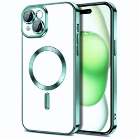 Husa iPhone 15 Plus Transparenta Cu Margini Colorate Magsafe, Protectie Camera, Verde Deschis