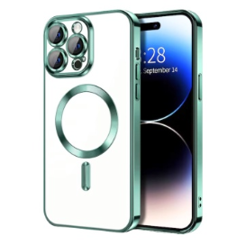 Husa iPhone 14 Pro Max Transparenta Cu Margini Colorate Magsafe, Protectie Camera, Verde Deschis