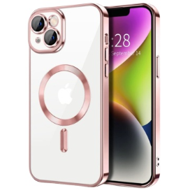 Husa iPhone 14 Transparenta Cu Margini Colorate Magsafe, Protectie Camera, Roz Matt