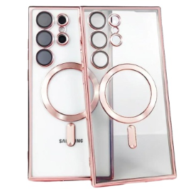 Husa Samsung S23 Ultra Transparenta Cu Margini Colorate Magsafe, Protectie Camera, Roz