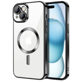 Husa iPhone 14 Plus Transparenta Cu Margini Colorate Magsafe, Protectie Camera, Negru