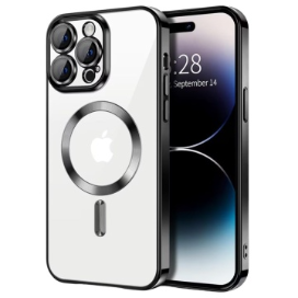 Husa iPhone 14 Pro Transparenta Cu Margini Colorate Magsafe, Protectie Camera, Negru