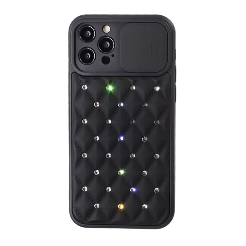 Husa iPhone 13 Pro Max Spate Imitatie Piele Cu Pietre, Protectie Camera ,Negru