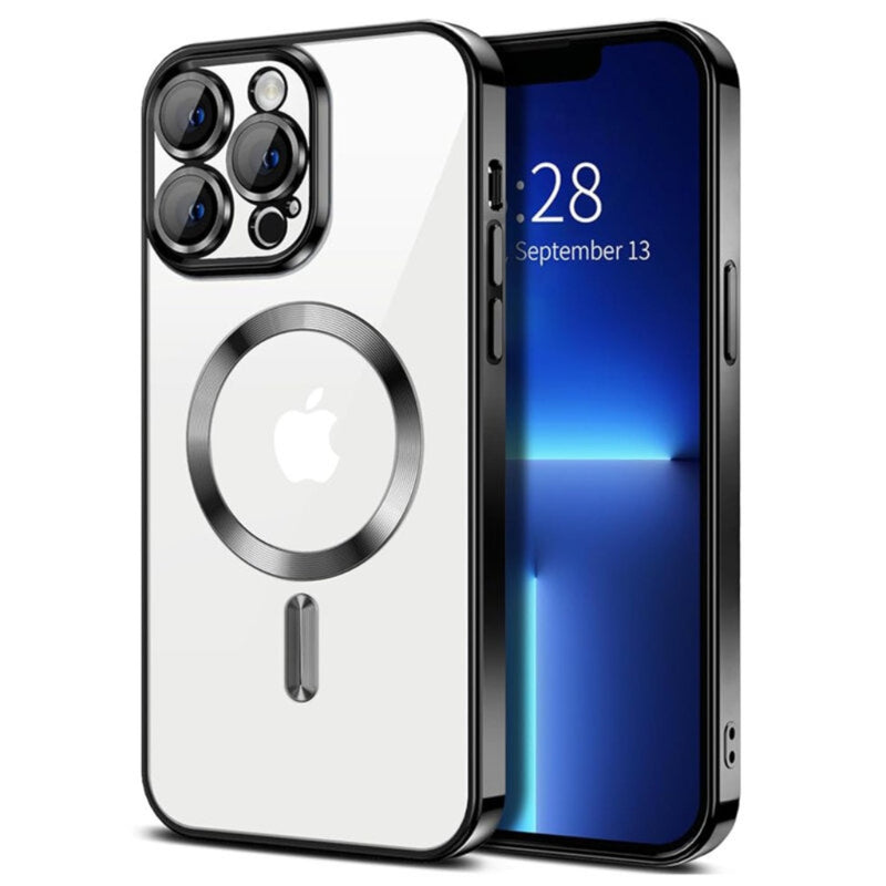 Husa iPhone 13 Pro Transparenta Cu Margini Colorate Magsafe, Protectie Camera, Negru Lucios