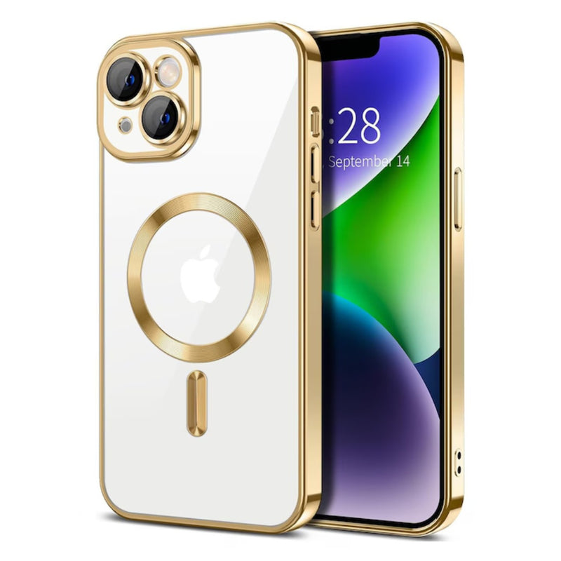 Husa iPhone 13 Pro Transparenta Cu Margini Colorate Magsafe, Protectie Camera, Auriu Lucios