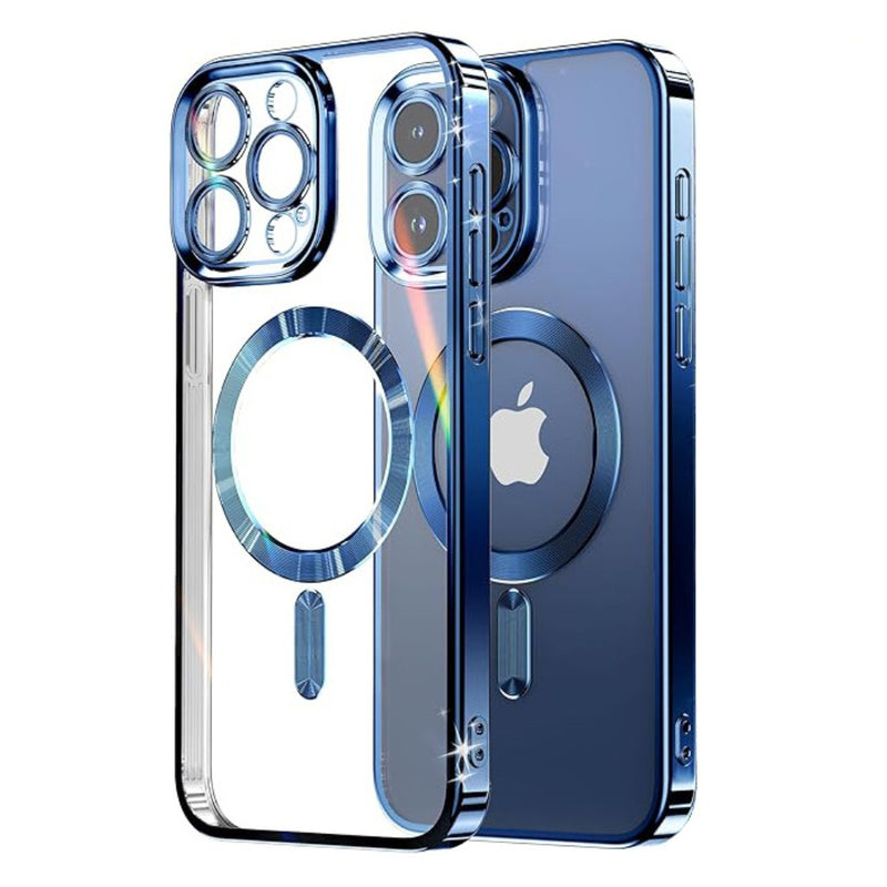 Husa iPhone 13 Pro Transparenta Cu Margini Colorate Magsafe, Protectie Camera, Albastru Deschis Lucios