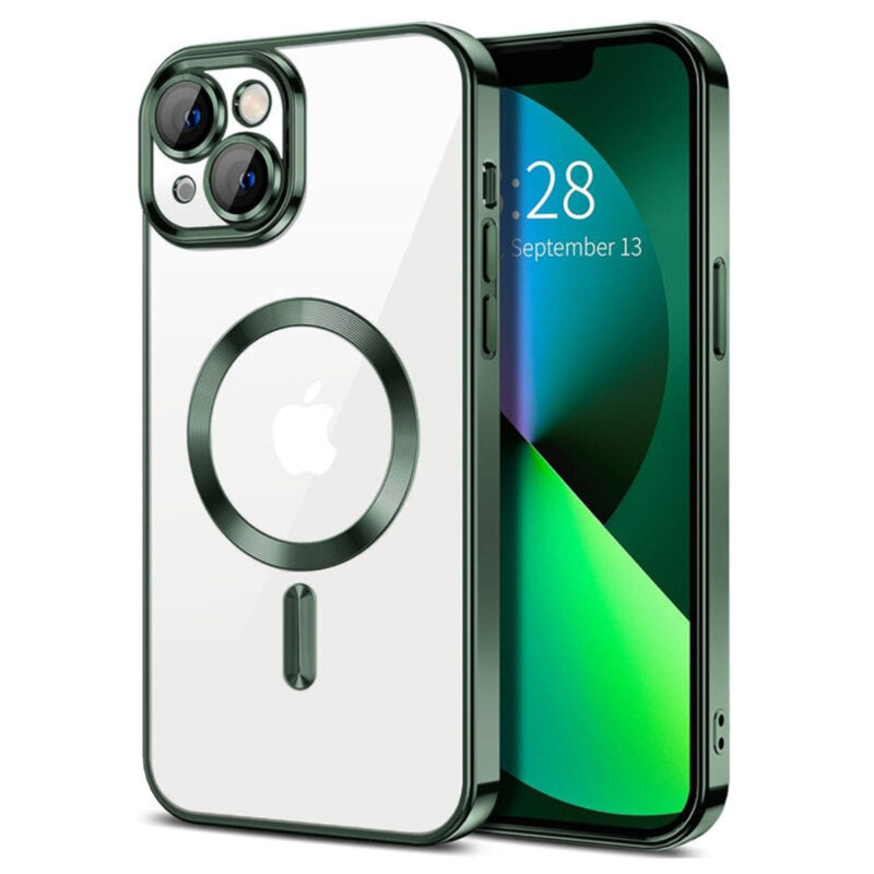Husa iPhone 13 Transparenta Cu Margini Colorate Magsafe, Protectie Camera, Verde Lucios