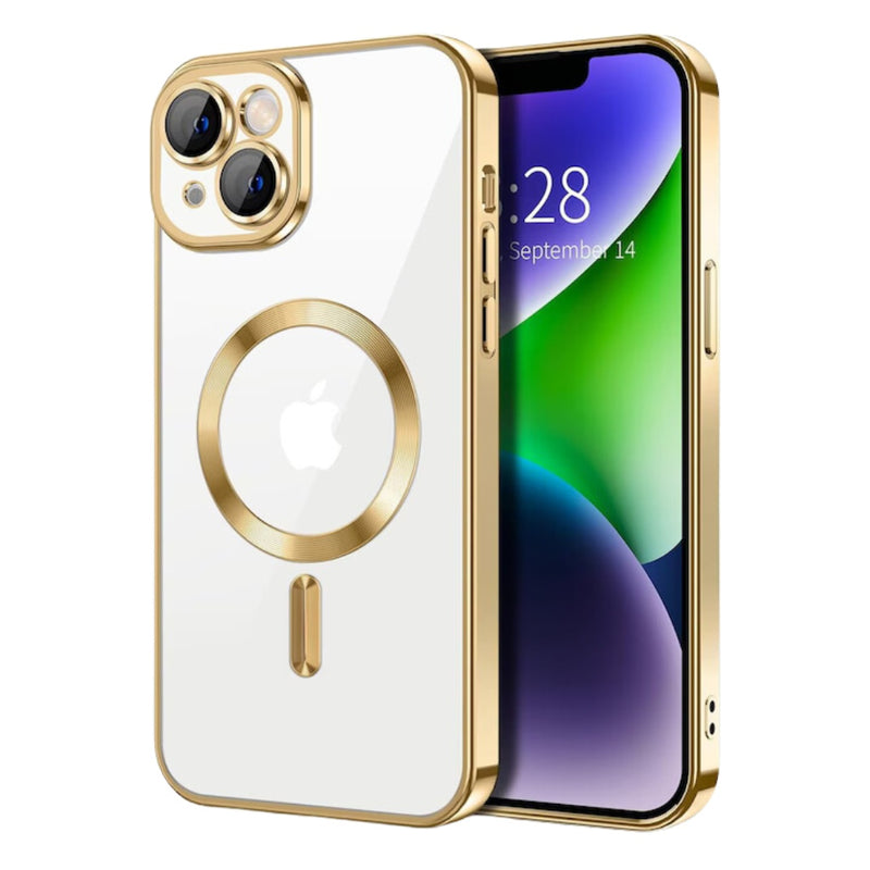 Husa iPhone 13 Transparenta Cu Margini Colorate Magsafe, Protectie Camera, Auriu Lucios