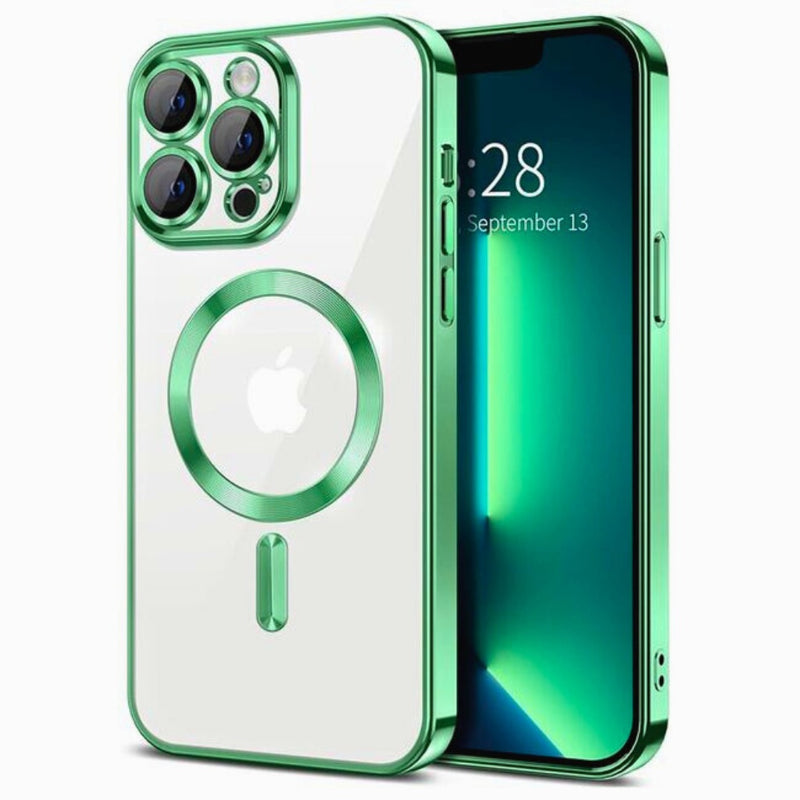 Husa iPhone 15 Pro Transparenta Cu Margini Colorate Magsafe, Protectie Camera, Verde Deschis Lucios
